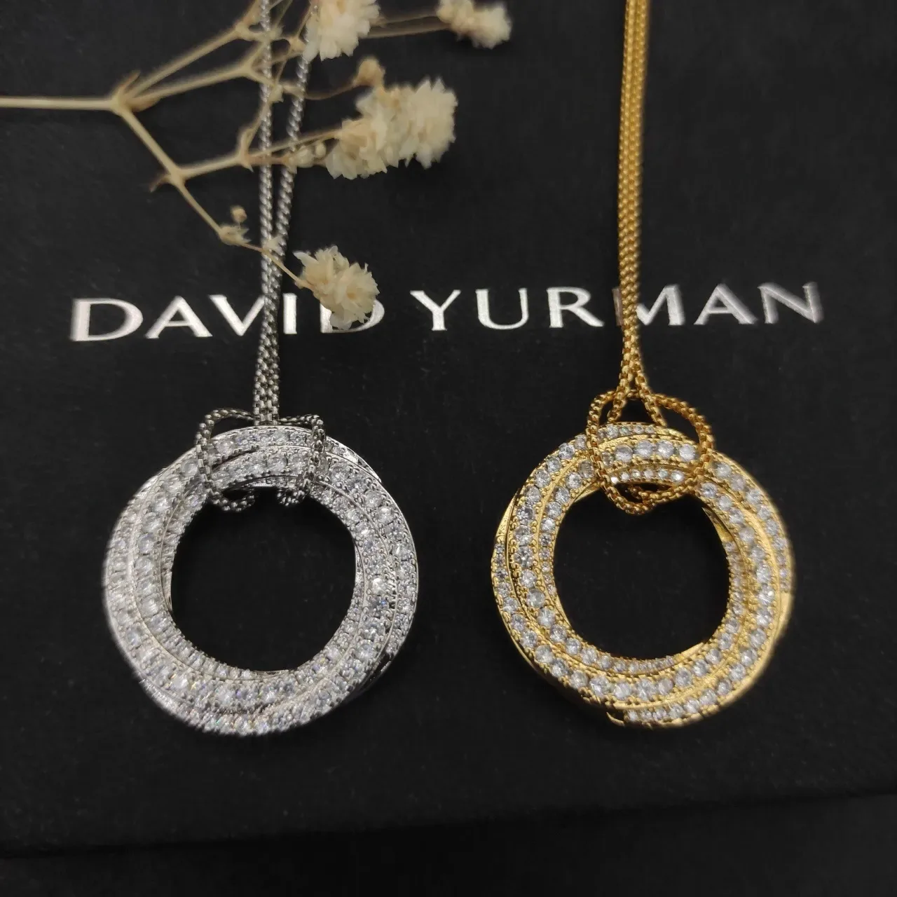 Silver and Gold Tone Double Ring Pave Pendant Necklaces 4