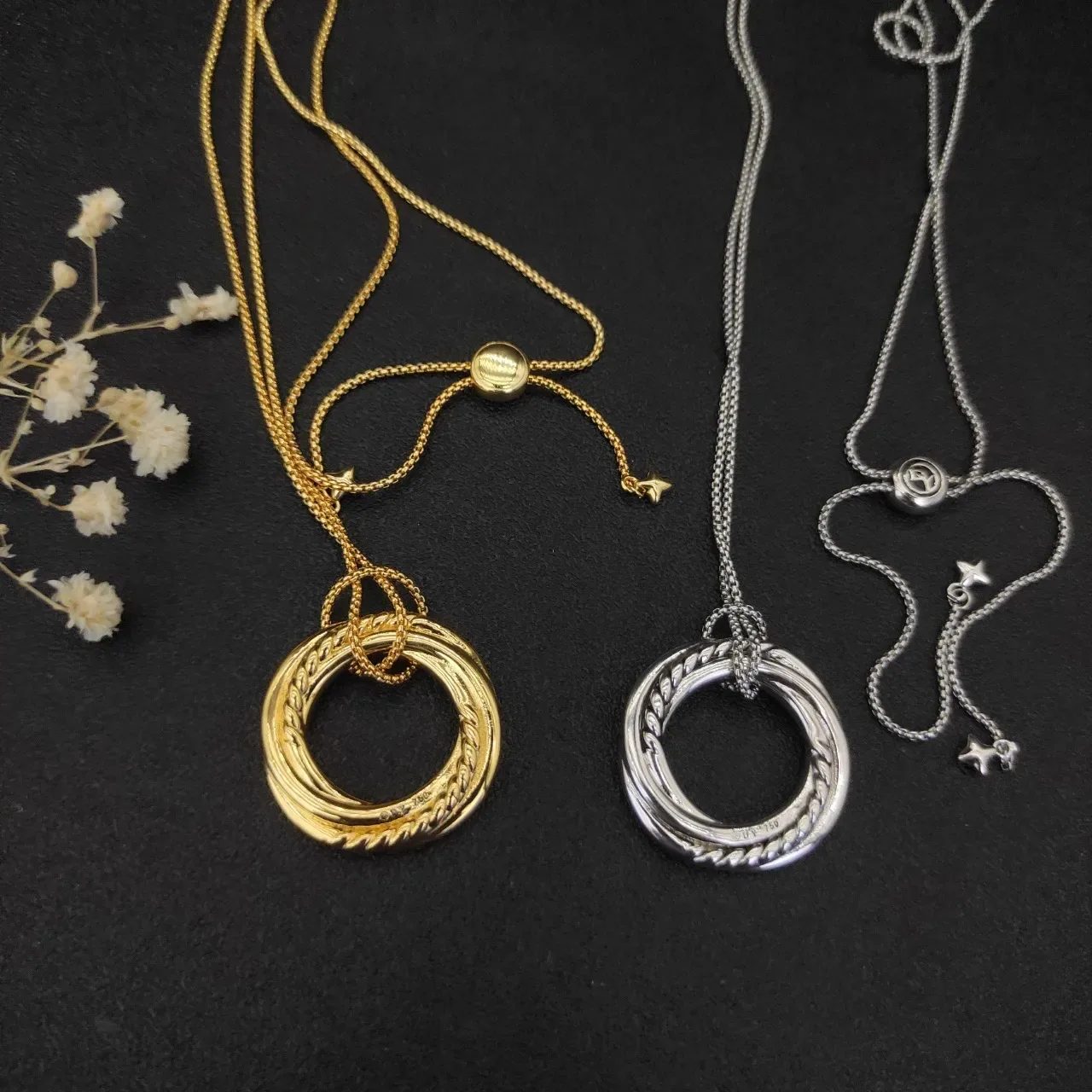 Silver and Gold Tone Double Ring Pave Pendant Necklaces 8