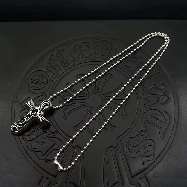 Silver Black Ornate Cross Pendant Scrollwork Engraving Necklace 6
