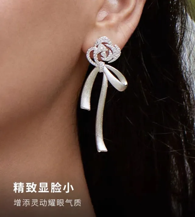 Silver Blue Bow-Shaped Crystal-Embellished Earrings 2