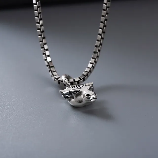 Silver Bull Head Pendant Box Chain Necklace 5