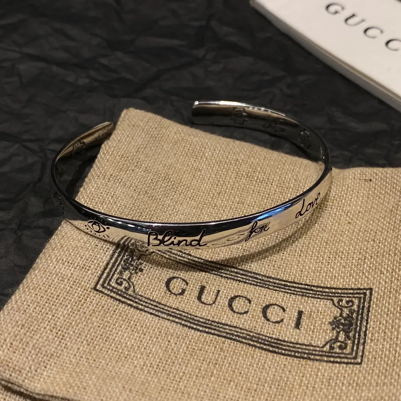 Silver Engraved 'Blind for Love' Open Cuff Bracelet 6