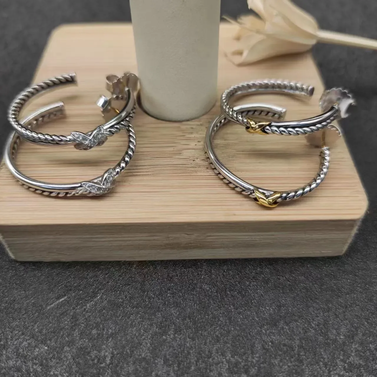 Silver Gold Rope-Twist Texture Open Hoop Design Earrings 5