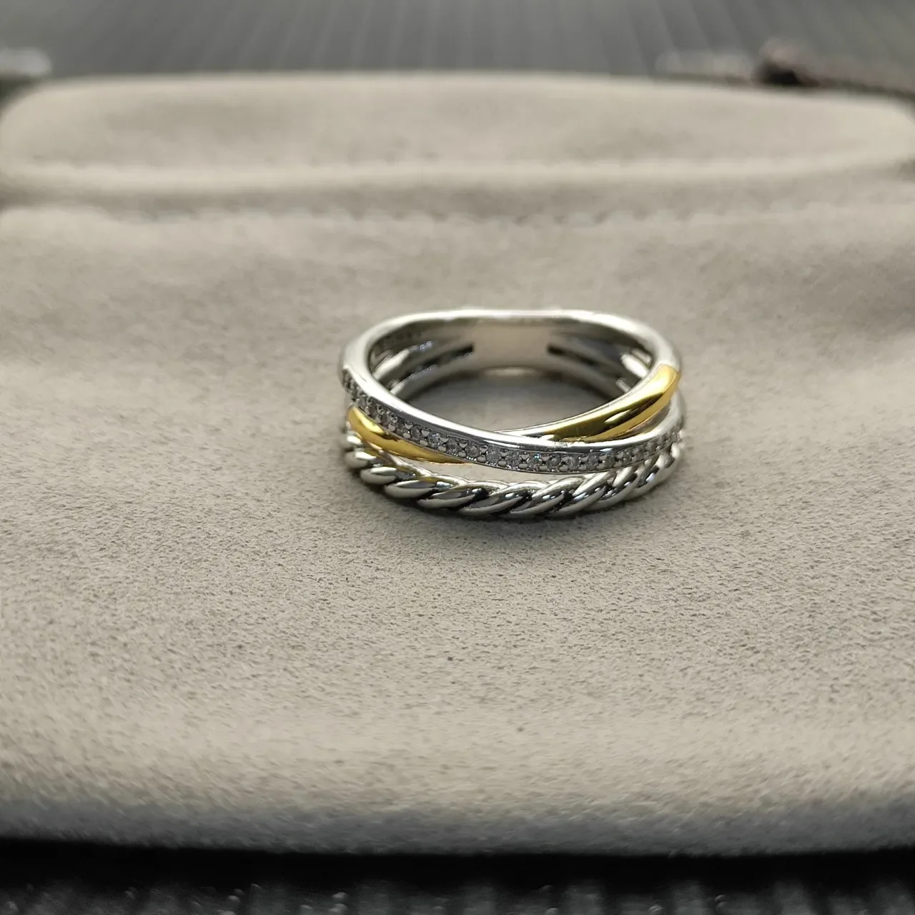 Silver Gold Twisted Rope Band Pavé Diamond Ring 2