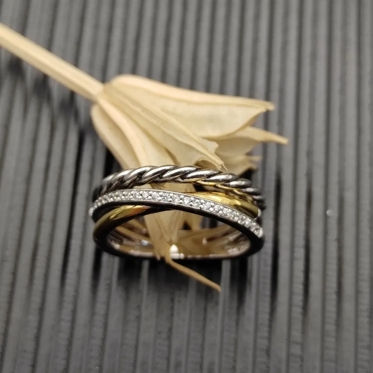 Silver Gold Twisted Rope Band Pavé Diamond Ring 4