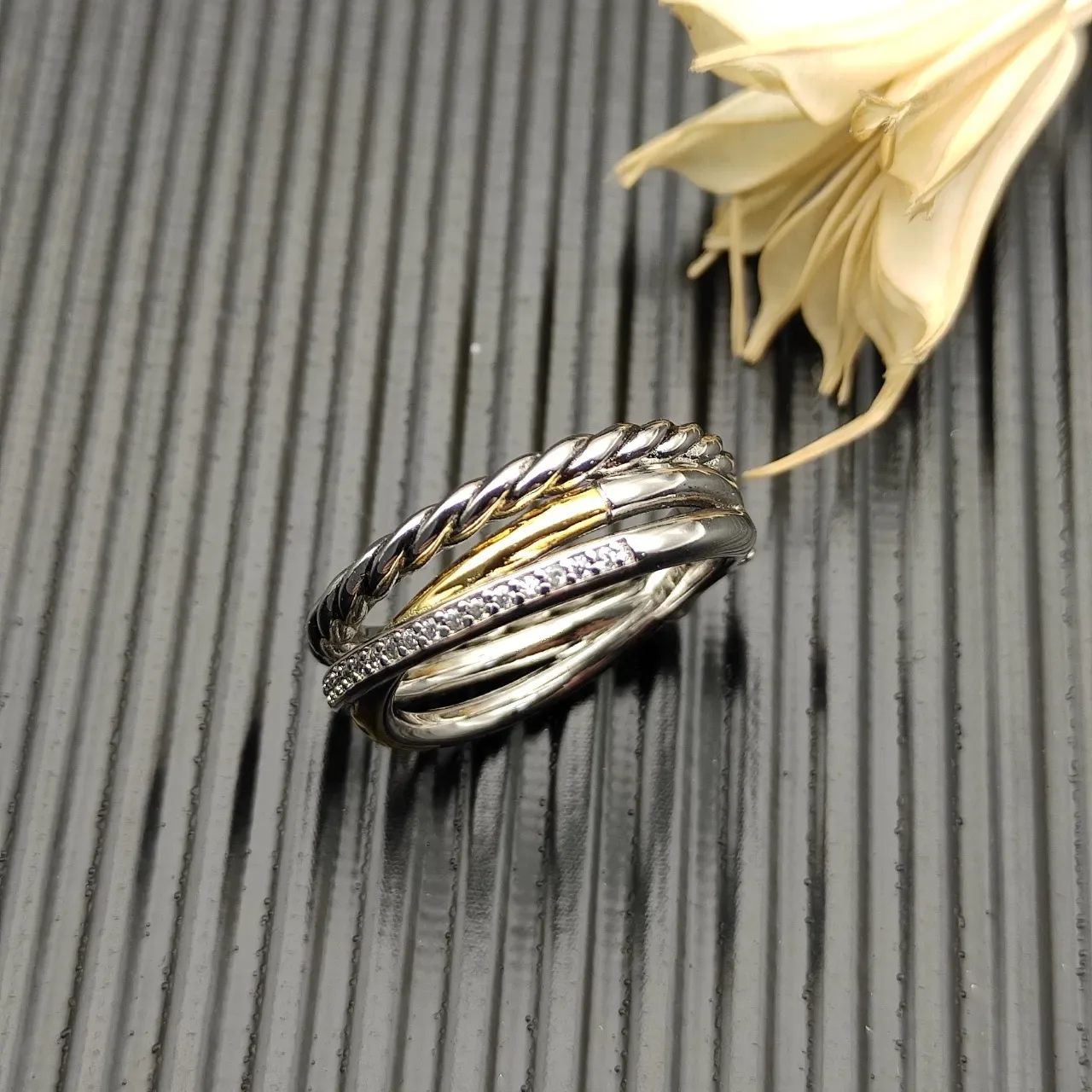 Silver Gold Twisted Rope Band Pavé Diamond Ring 7