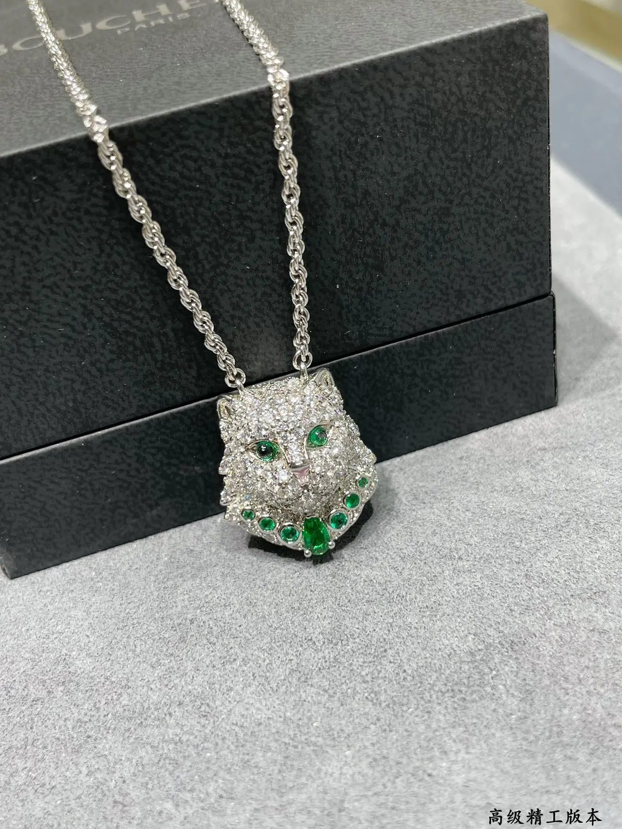 Prateado Verde Cat-Head pingente Pavé-Set pedras transparentes colar 8