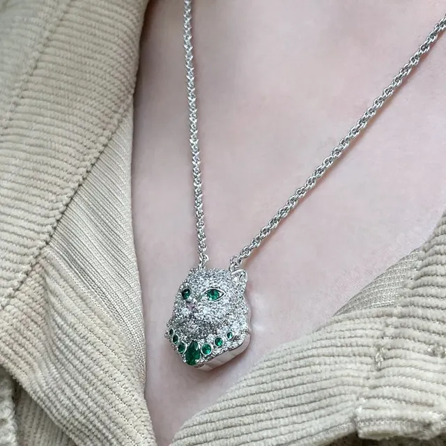 Prateado Verde Cat-Head pingente Pavé-Set pedras transparentes colar 9