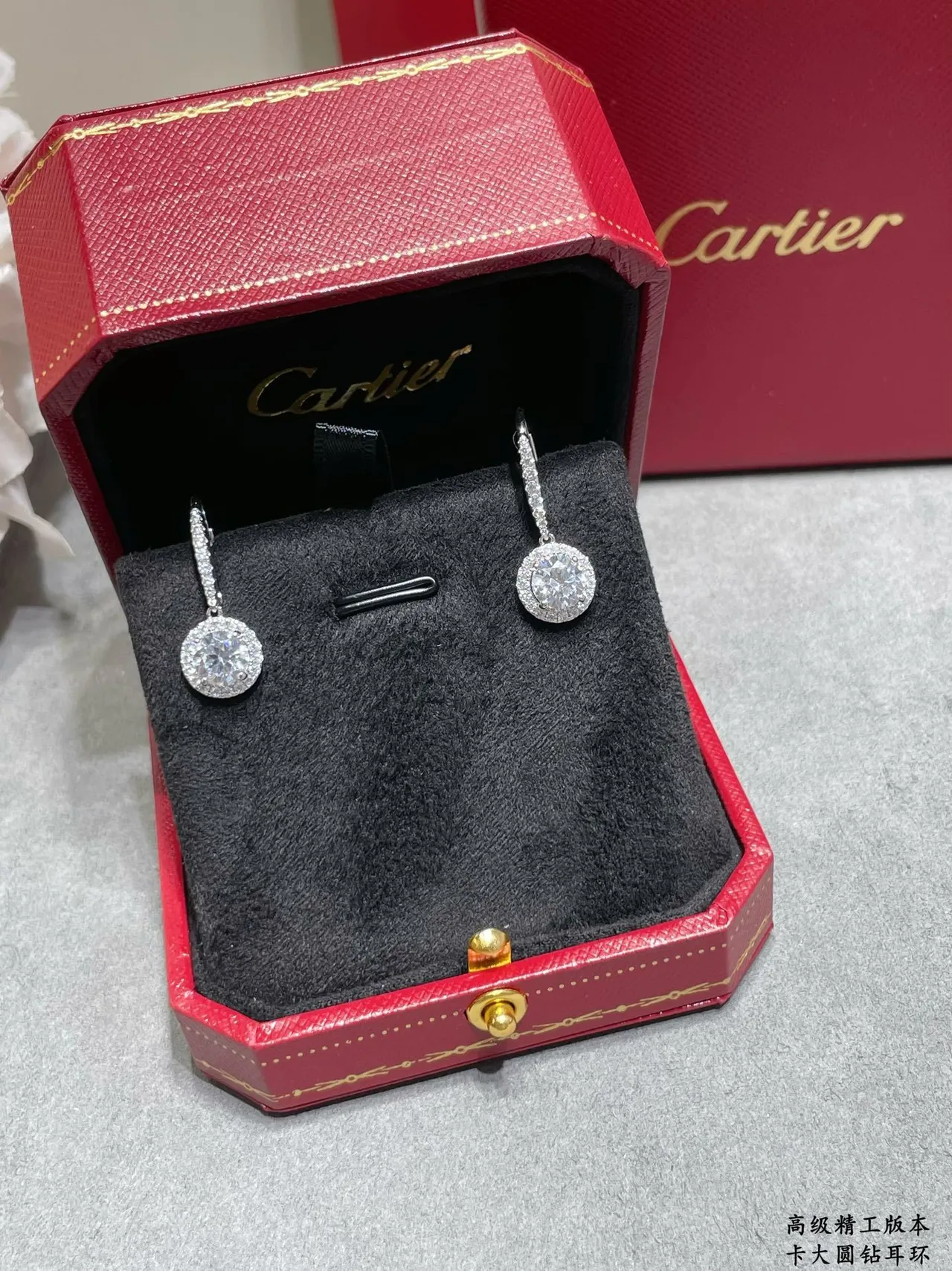Silver Halo Setting Pavé-Set Drop Stem Earrings 4