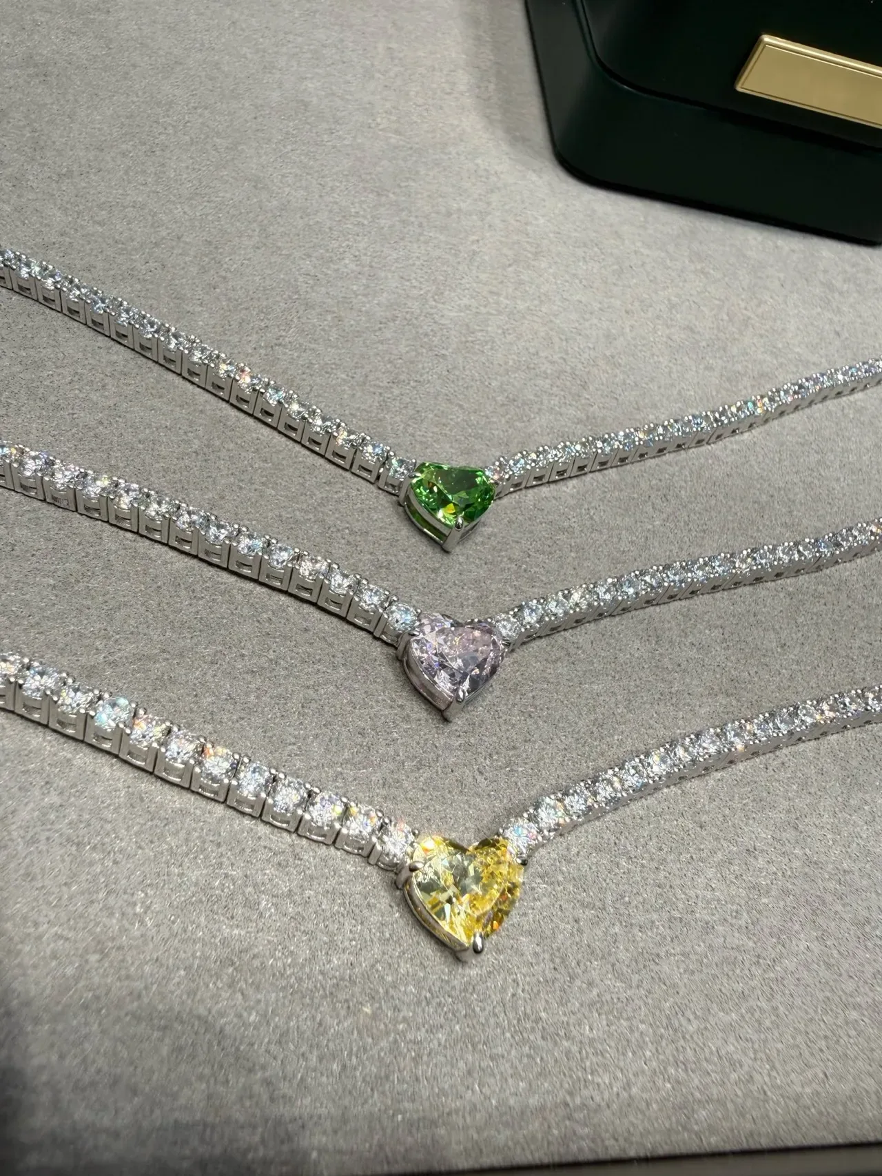 Silver Pink Pavé-Set Tennis Chain Heart-Shaped Central Pendant Necklace 6