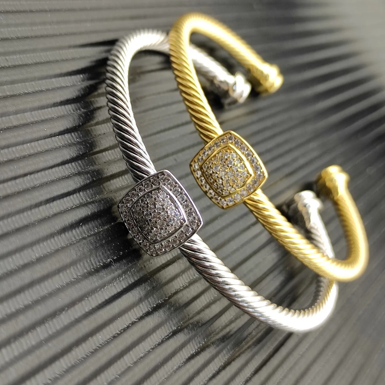 Silver Twisted Cable Pavé Square Centerpiece Open Cuff Bracelet 3