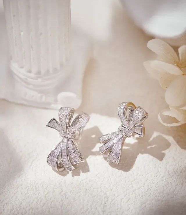 Silver White Bow-Shaped Pavé-Set Earrings 5