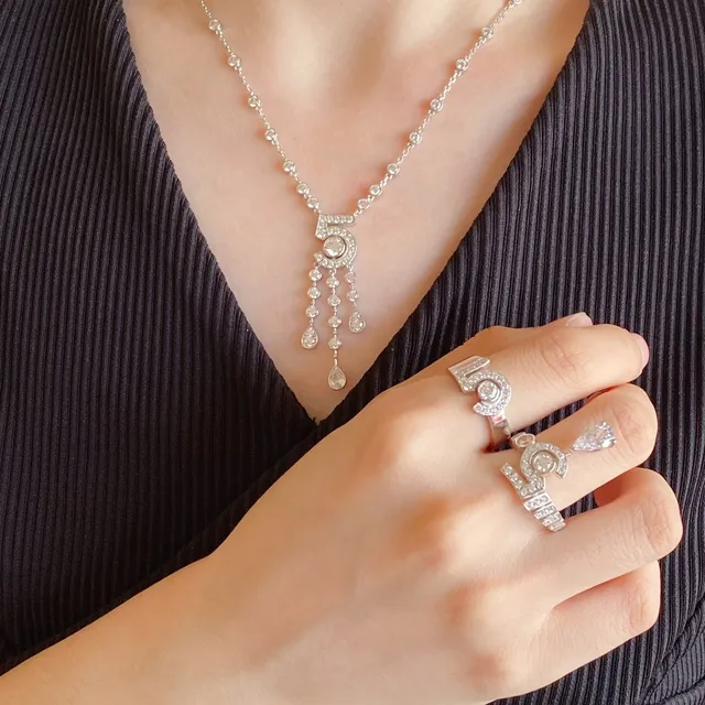Silver White Diamond-Set Geometric Openwork Necklace 9