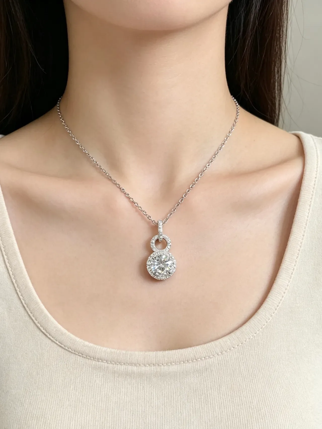 Silver White Double-Loop Halo Pendant Round Brilliant Center Stone Necklace 2