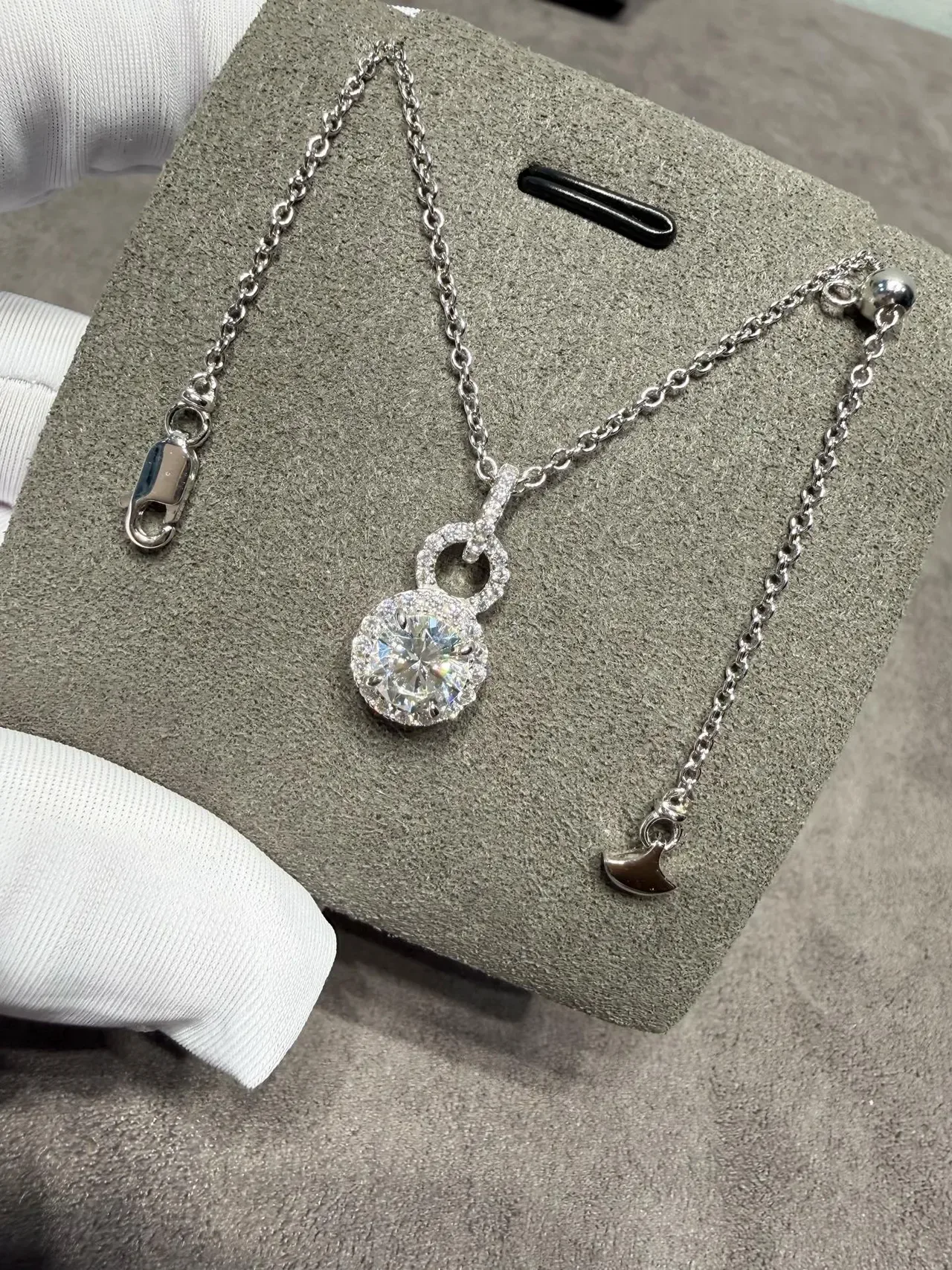 Silver White Double-Loop Halo Pendant Round Brilliant Center Stone Necklace 3