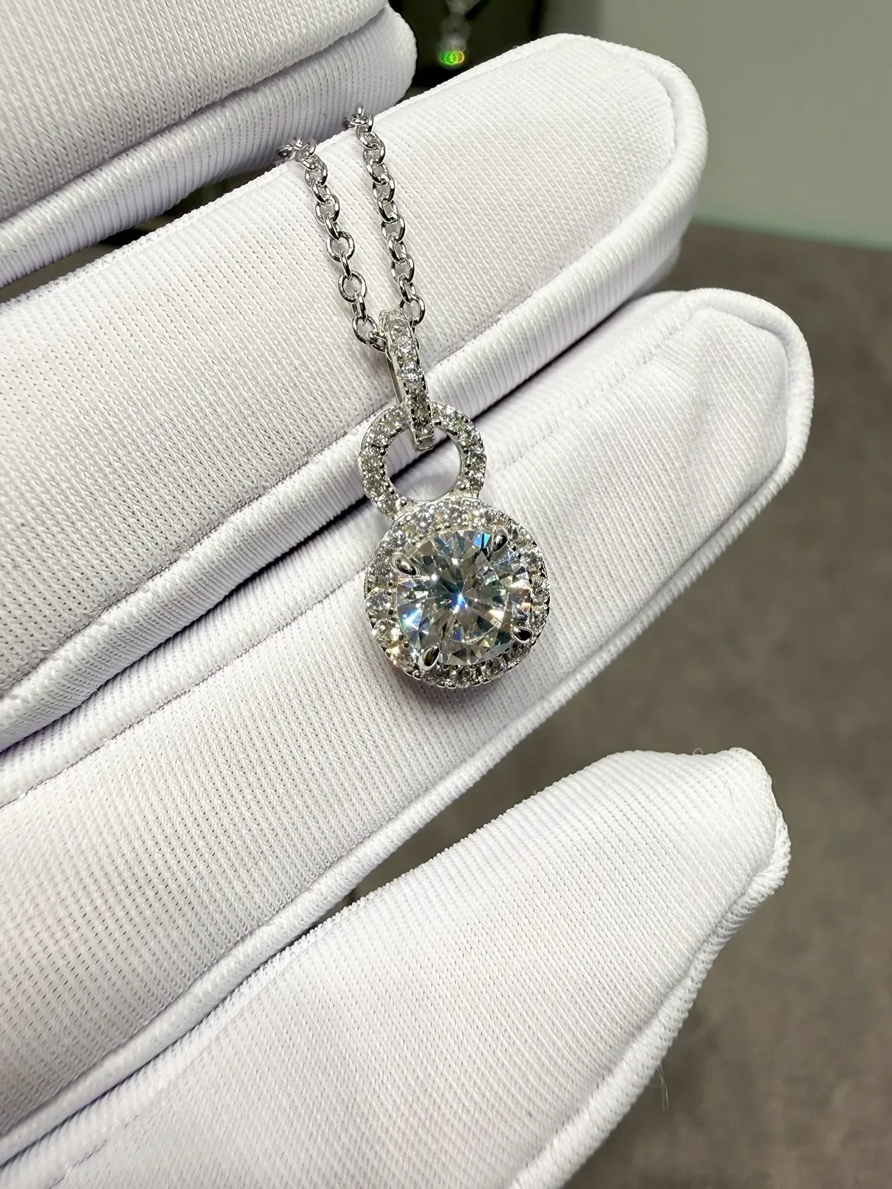 Silver White Double-Loop Halo Pendant Round Brilliant Center Stone Necklace 4