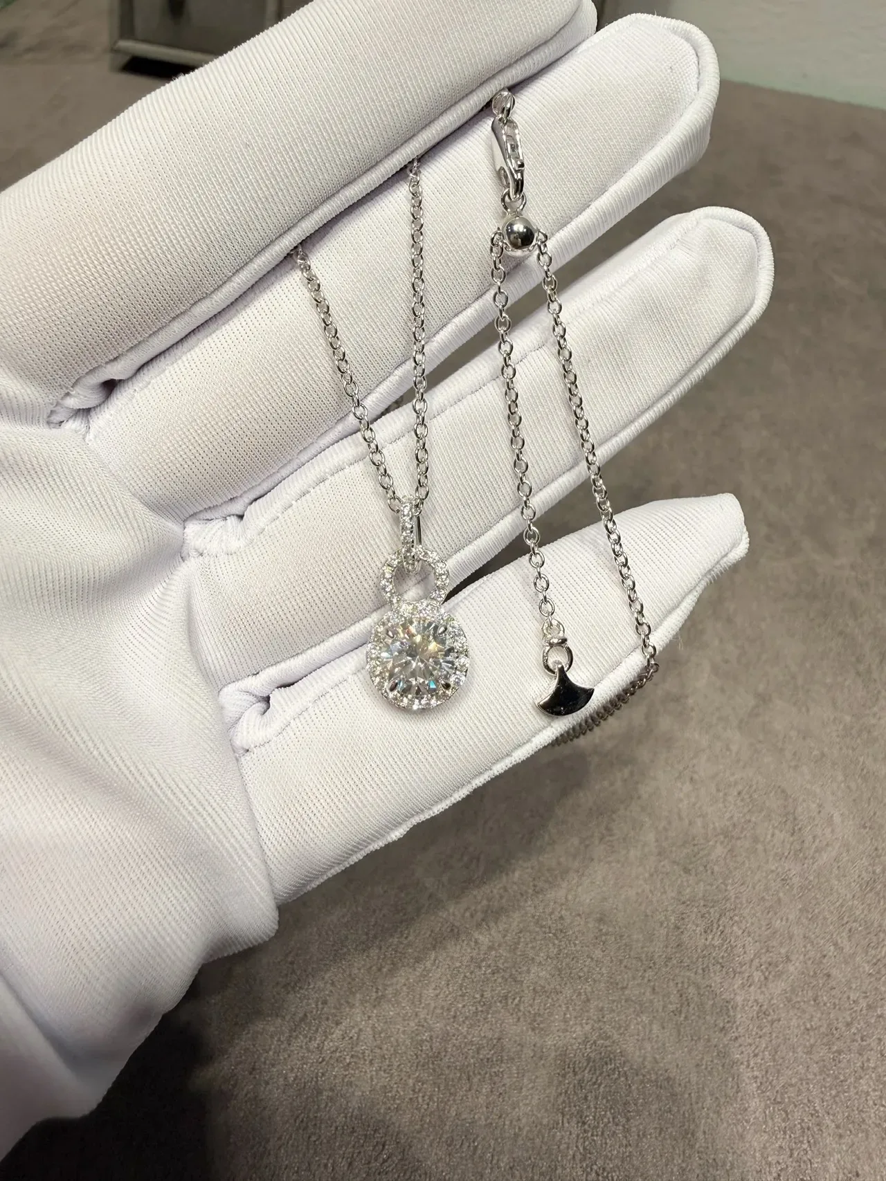 Silver White Double-Loop Halo Pendant Round Brilliant Center Stone Necklace 6