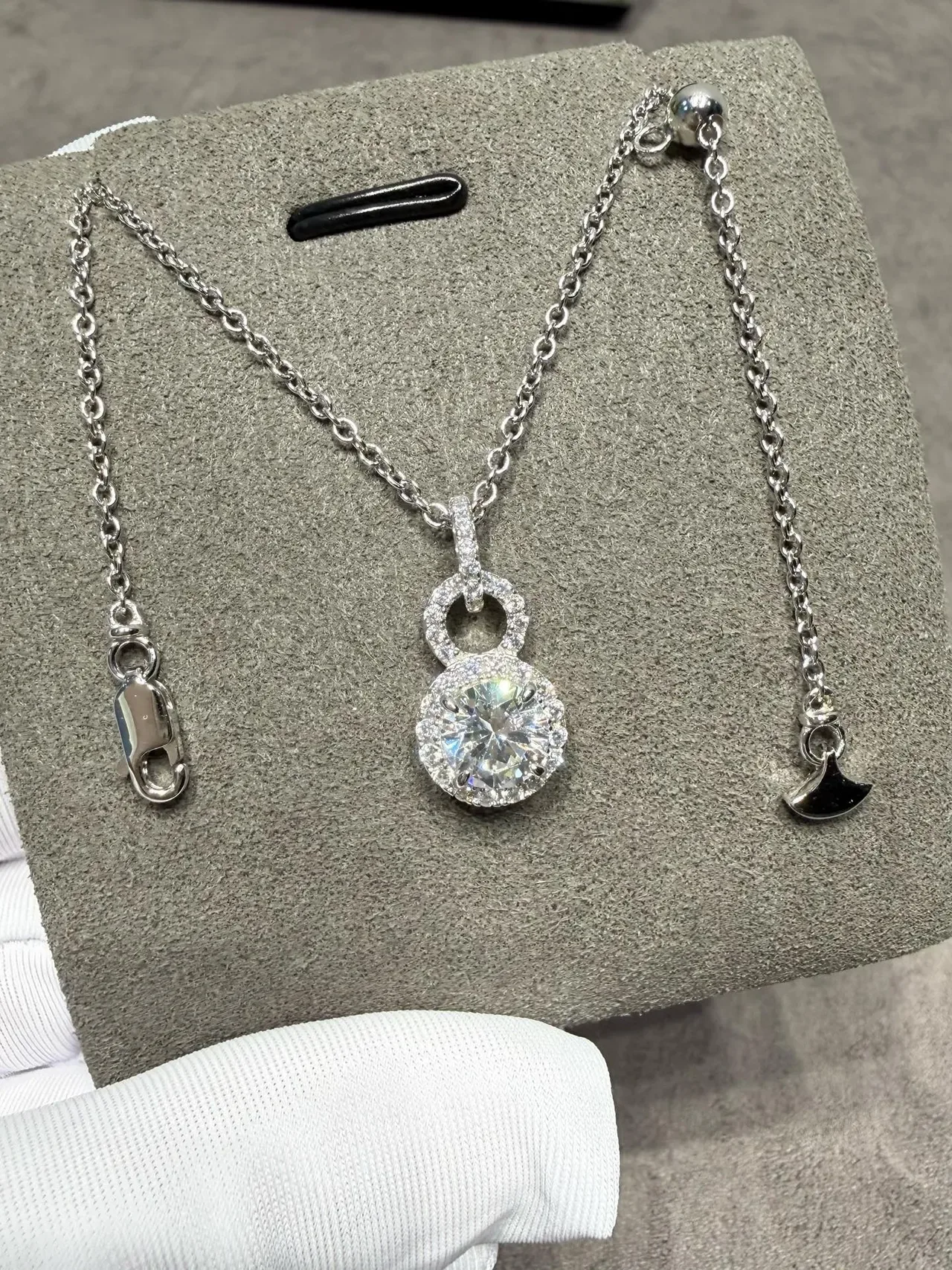 Silver White Double-Loop Halo Pendant Round Brilliant Center Stone Necklace 7