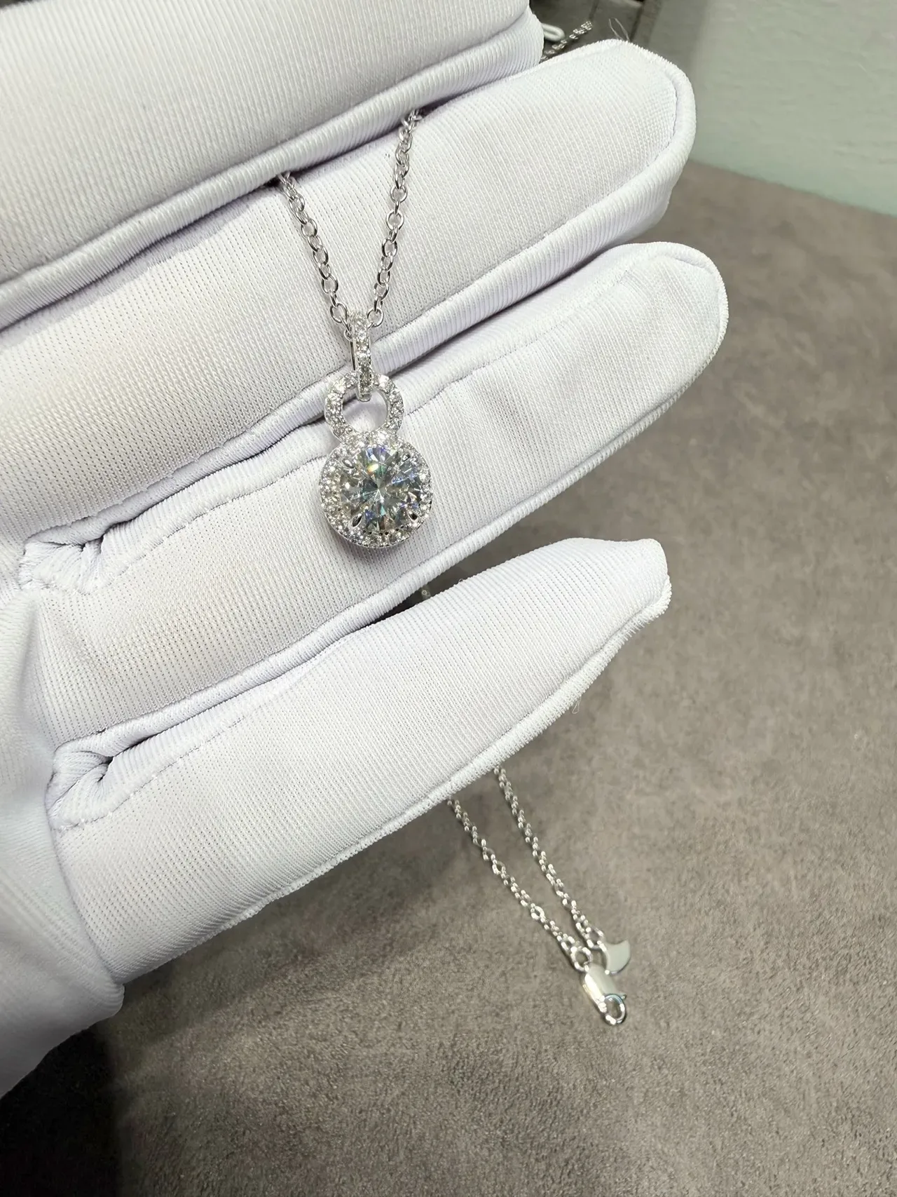 Silver White Double-Loop Halo Pendant Round Brilliant Center Stone Necklace 8