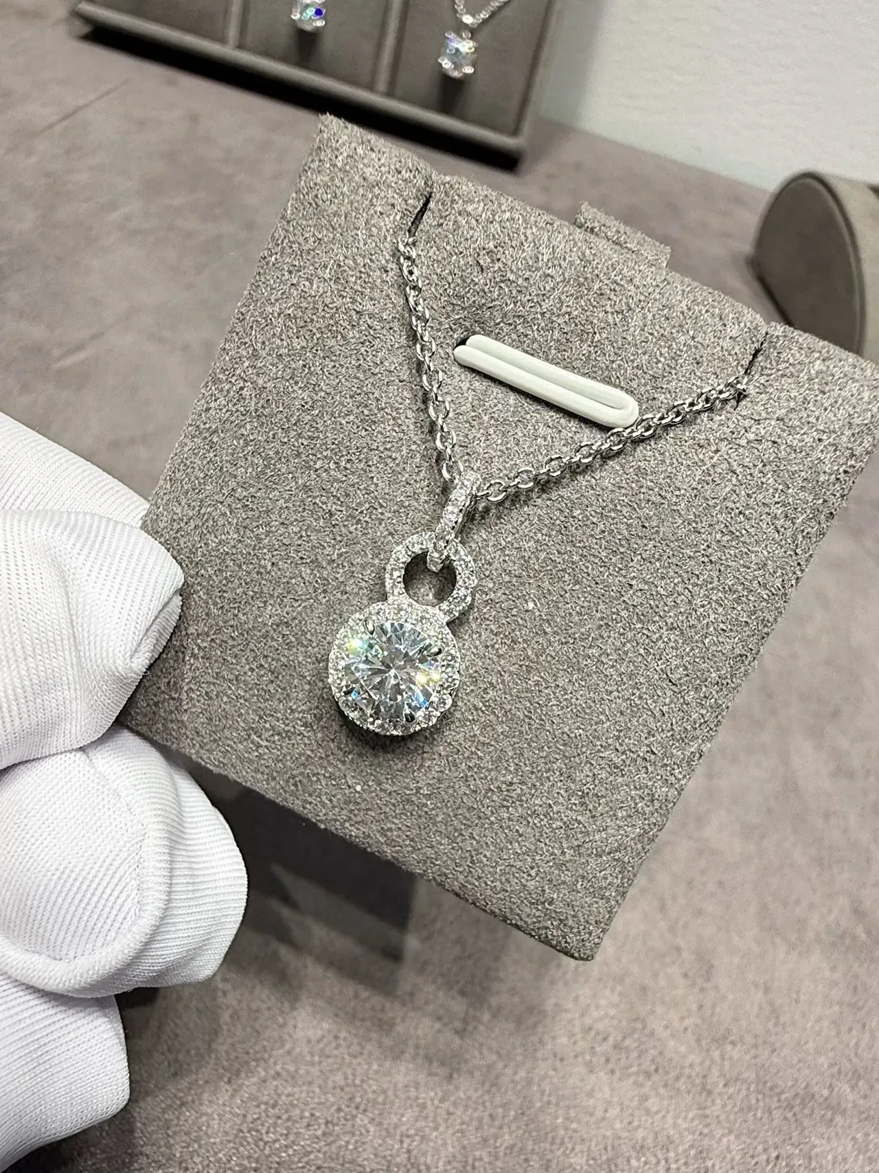Silver White Double-Loop Halo Pendant Round Brilliant Center Stone Necklace 9