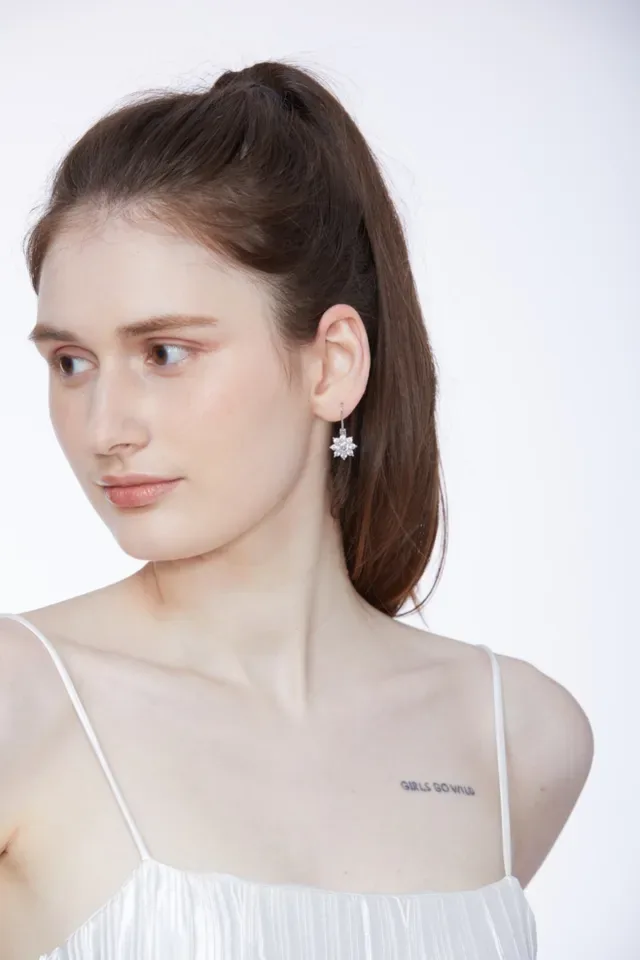 Silver White Floral Cluster Dangling Earrings 2