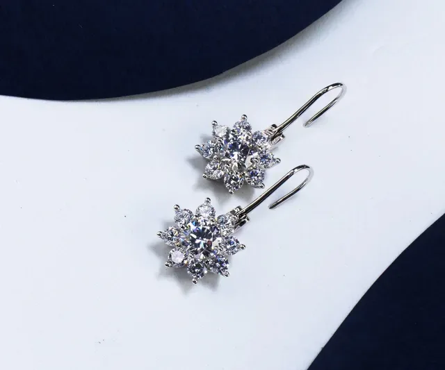 Silver White Floral Cluster Dangling Earrings 3