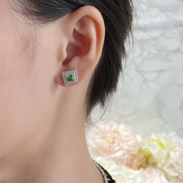 Square-Cut Green Gemstone Pavé Halo Stud Earrings 9