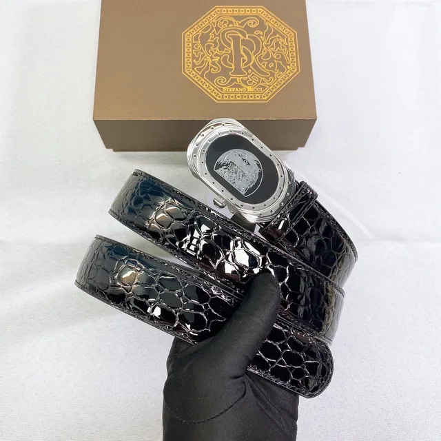 Stefano Ricci Negro Plateado Brillante Cocodrilo Embosado Hebilla Ovalada Ornamentada Cinturón de Cuero 2