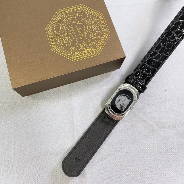 Stefano Ricci Negro Plateado Brillante Cocodrilo Embosado Hebilla Ovalada Ornamentada Cinturón de Cuero 4