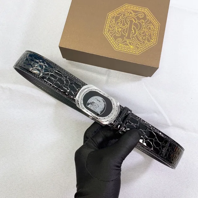 Stefano Ricci Negro Plateado Brillante Cocodrilo Embosado Hebilla Ovalada Ornamentada Cinturón de Cuero 5