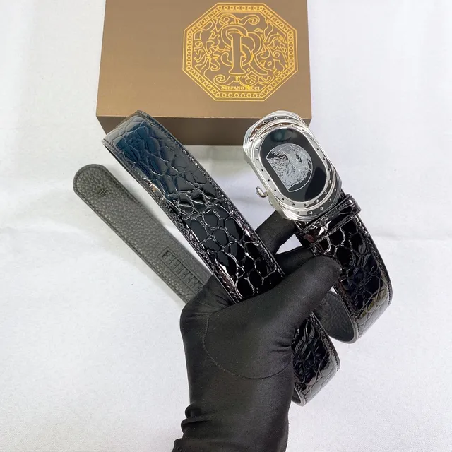 Stefano Ricci Negro Plateado Brillante Cocodrilo Embosado Hebilla Ovalada Ornamentada Cinturón de Cuero 6