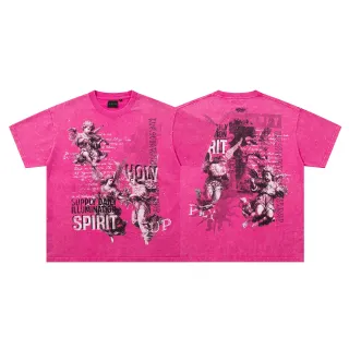 SUPPLY Camiseta oversized fucsia con estampado gráfico de ángel a doble cara y puntos de purpurina