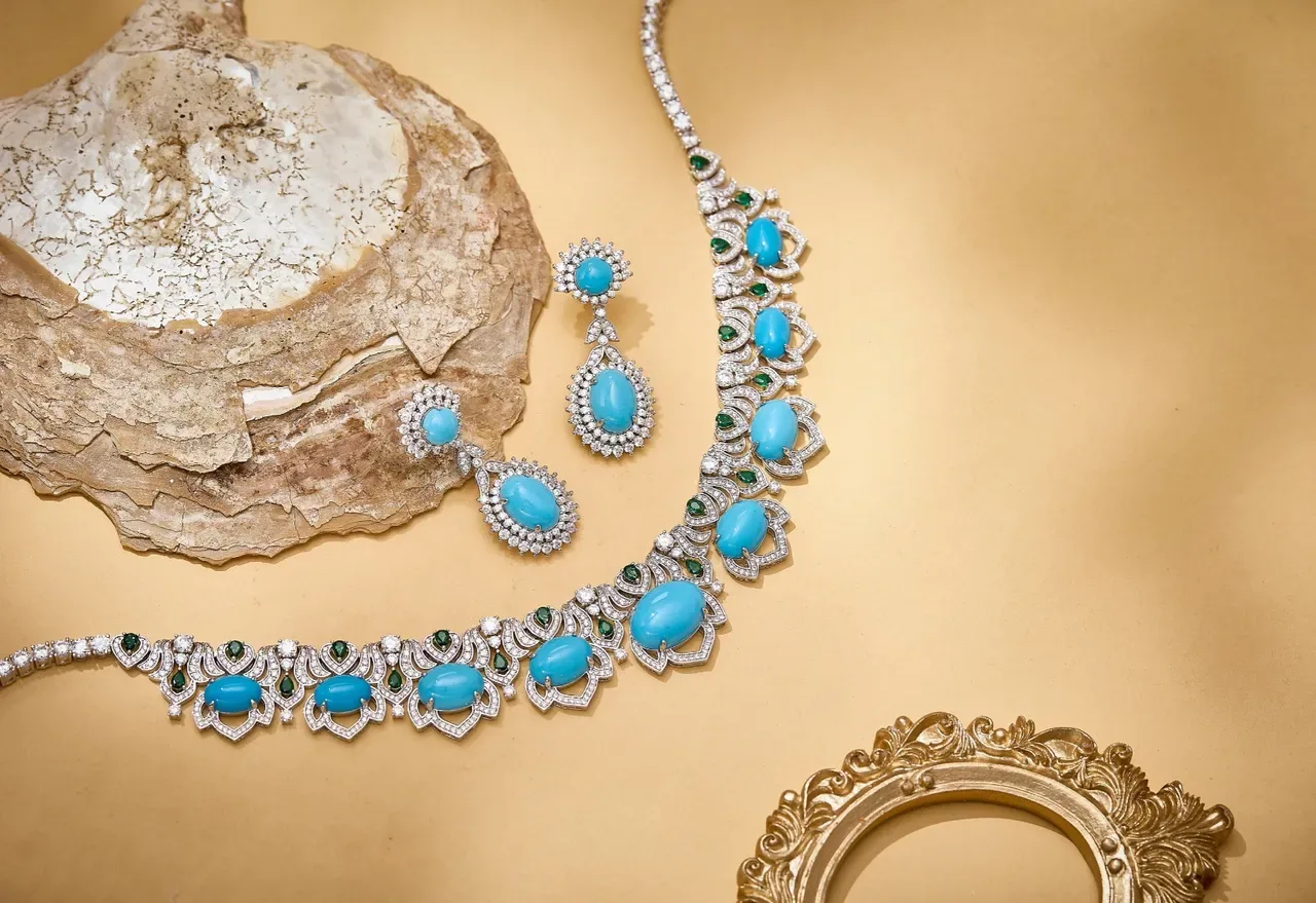 Turquoise and Green Gemstone Pavé Diamond Collar Necklace 3