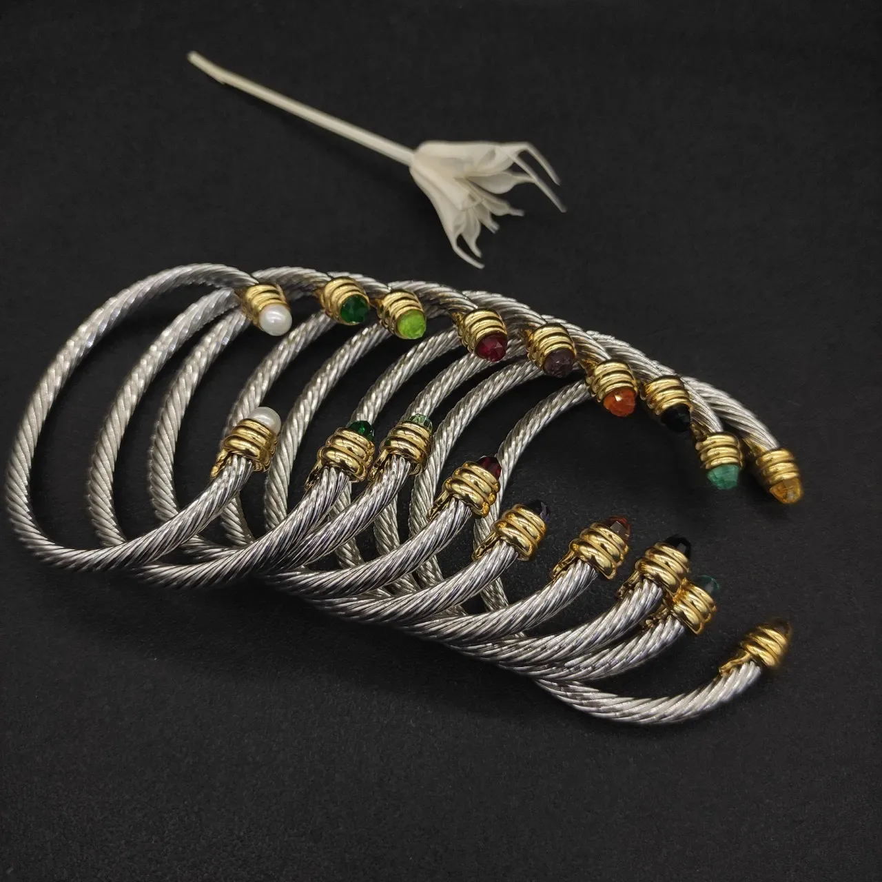 Twisted Cable Two-Tone Gemstone Terminal Bracelet 7
