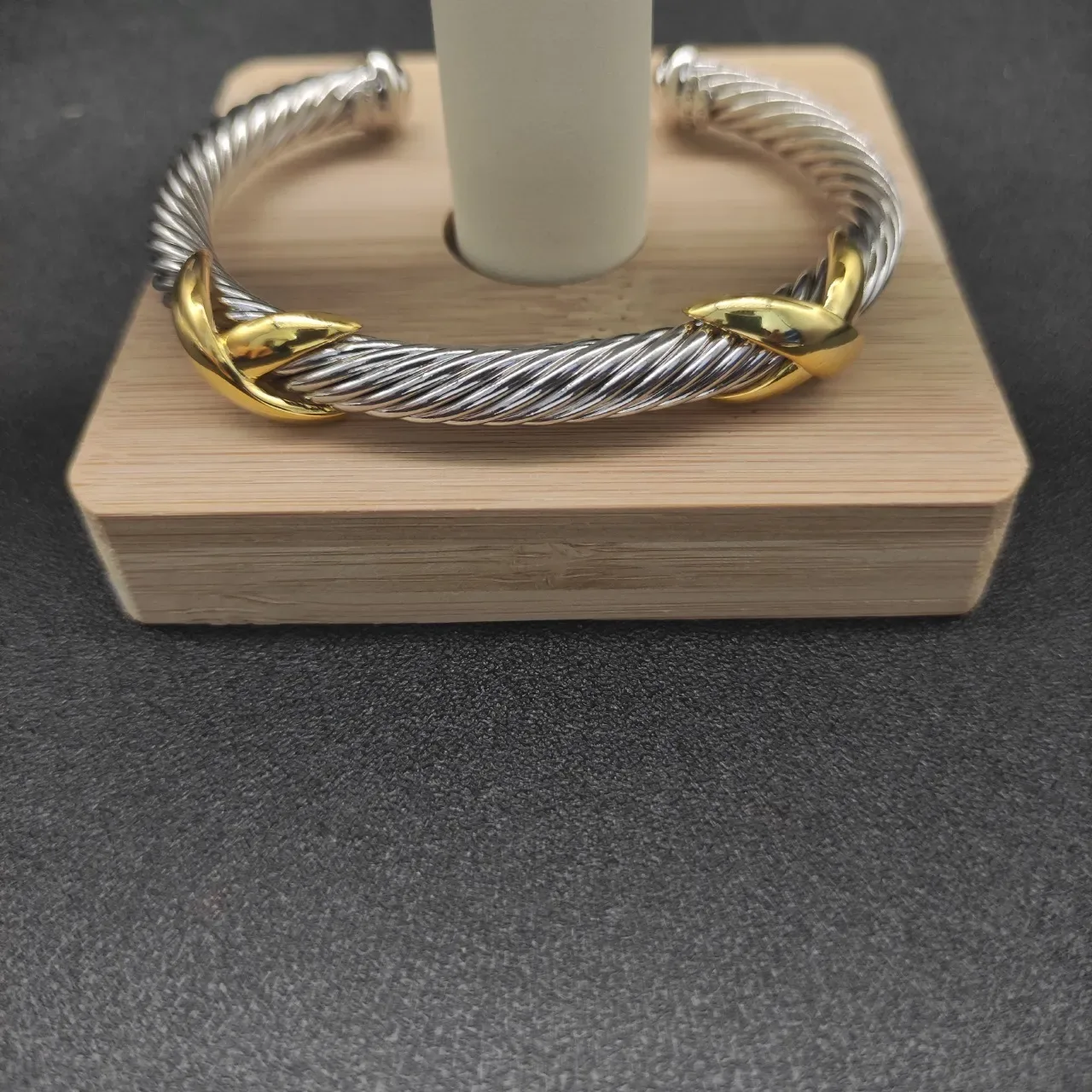 Twisted Cable Two-Tone Leaf Accent Open Cuff Bracelet 4