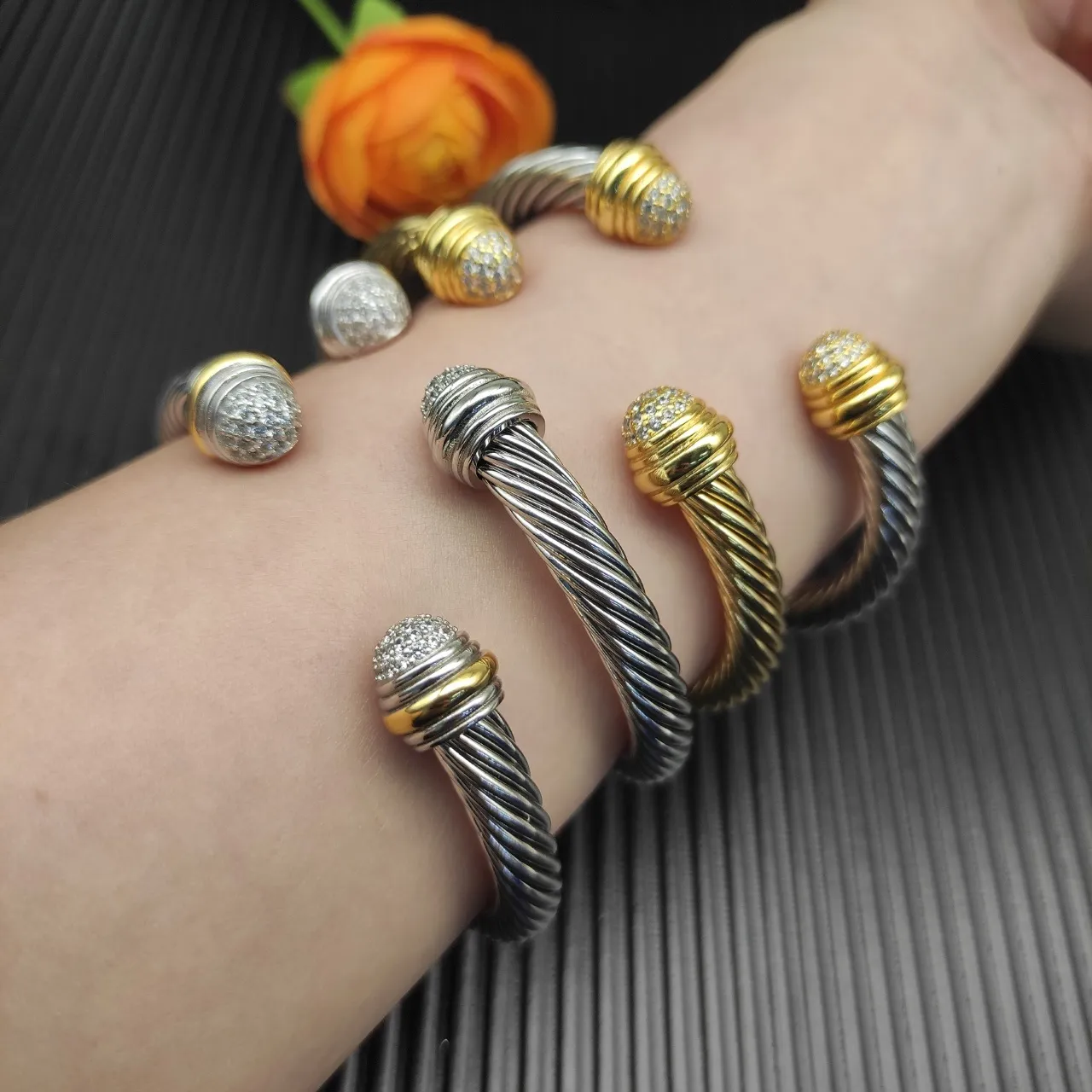 Twisted Cable Two-Tone Pavé End Cap Bracelet 7
