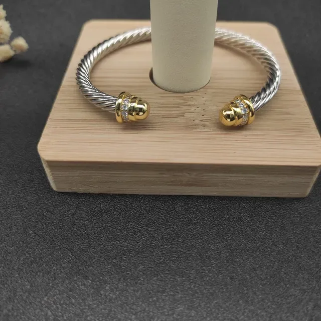 Twisted Cable Two-Tone Pavé End Cap Open Bangle Bracelet 6