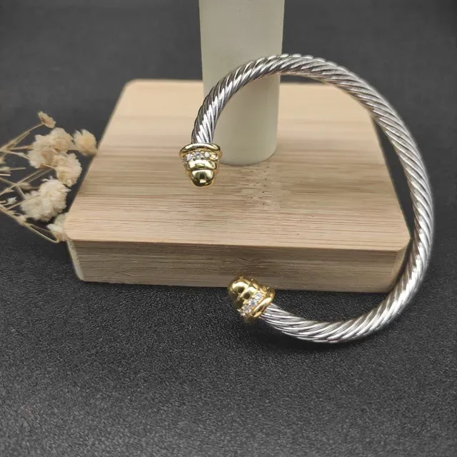 Twisted Cable Two-Tone Pavé End Cap Open Bangle Bracelet 7