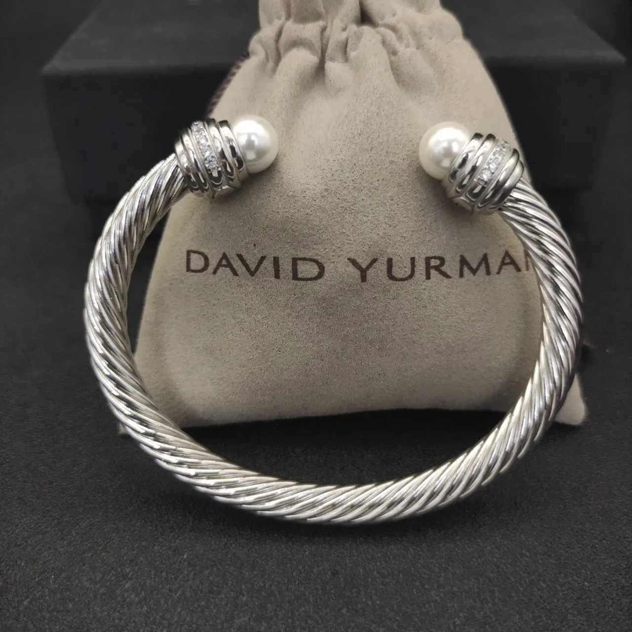 Twisted Cable Wire Pearl-End Pavé Band Bracelet 2