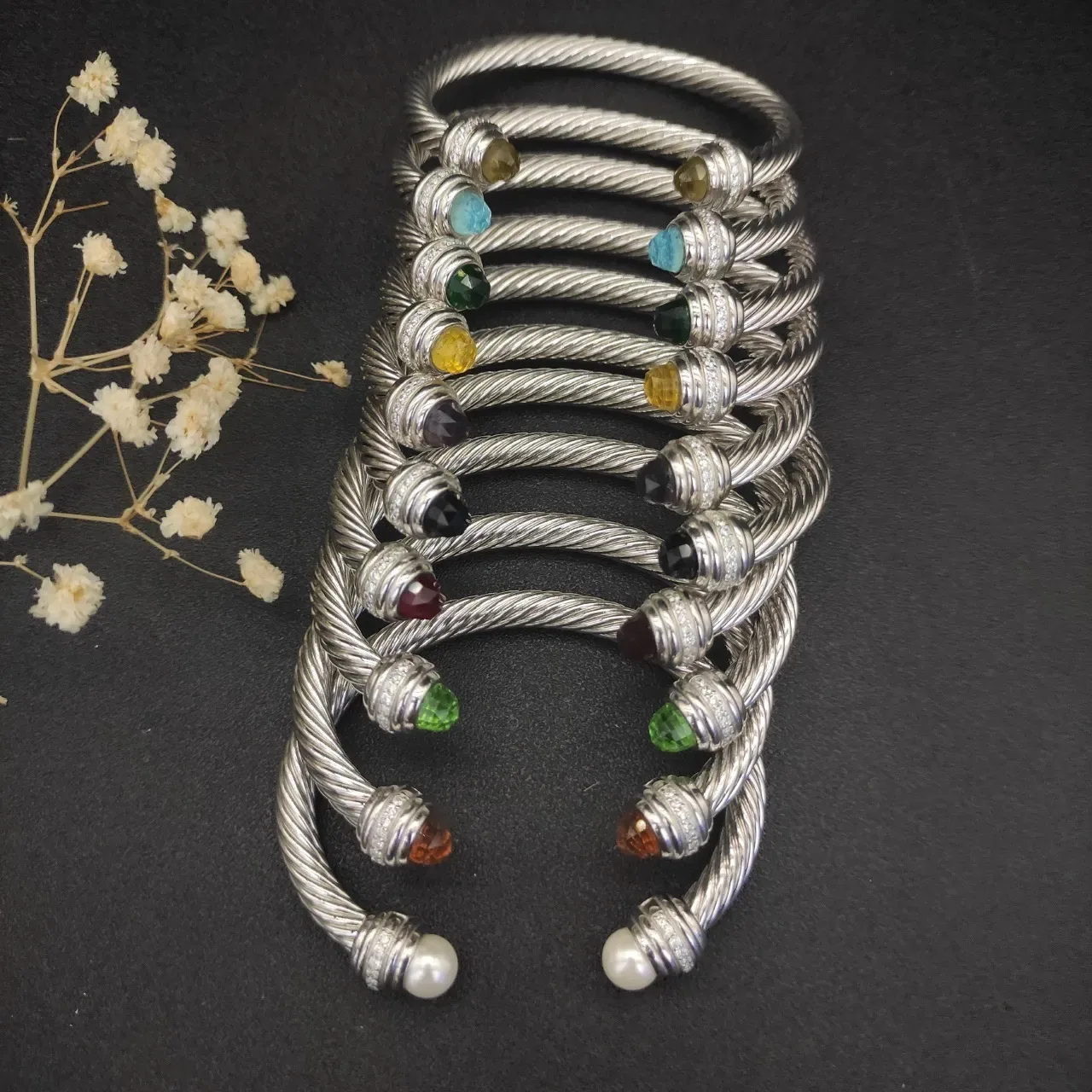 Twisted Cable Wire Pearl-End Pavé Band Bracelet 4