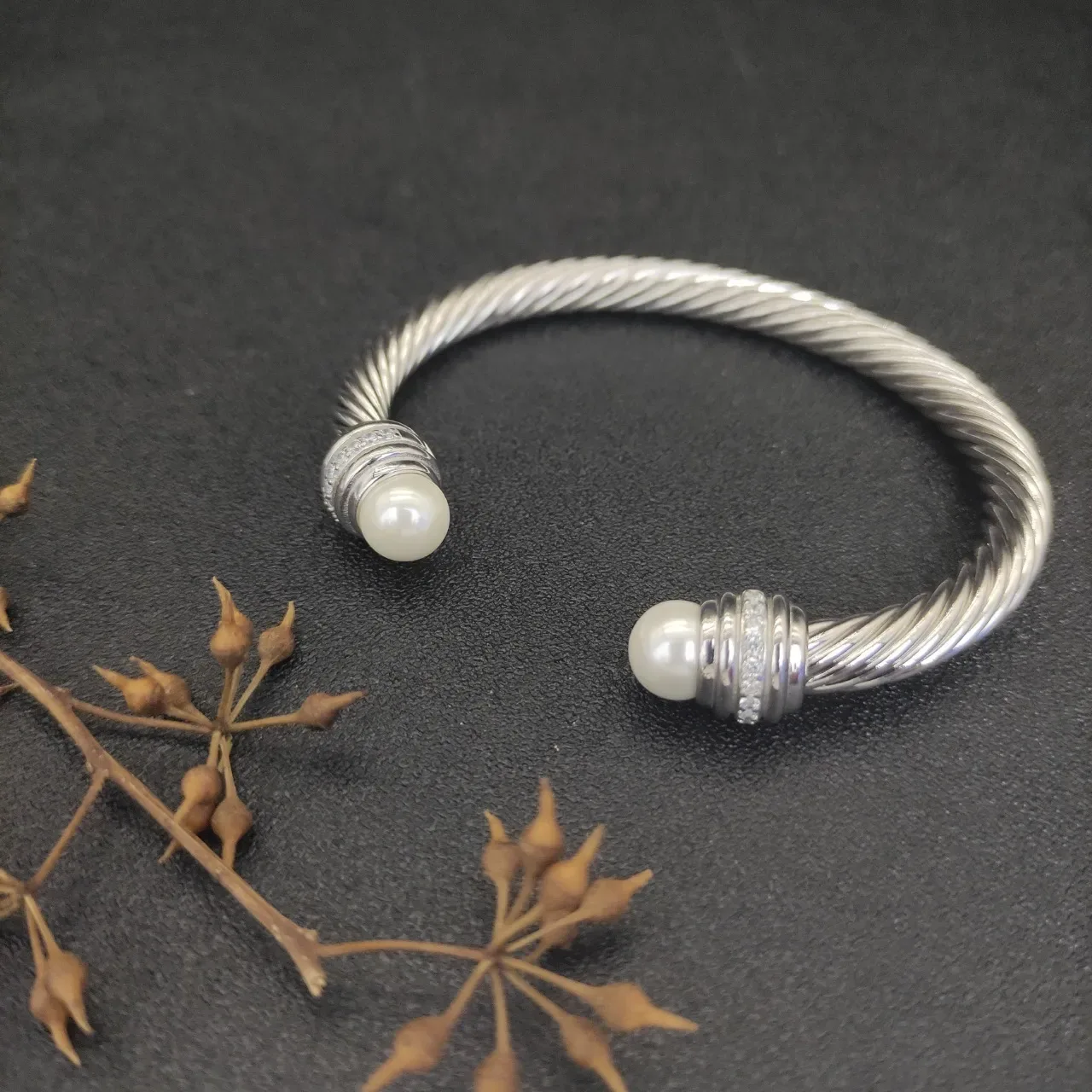 Twisted Cable Wire Pearl-End Pavé Band Bracelet 6