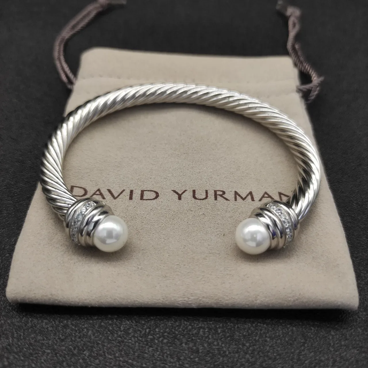 Twisted Cable Wire Pearl-End Pavé Band Bracelet 8