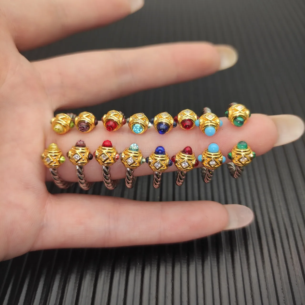 Twisted Rope Band Dual Gem Terminal Open Ring 3