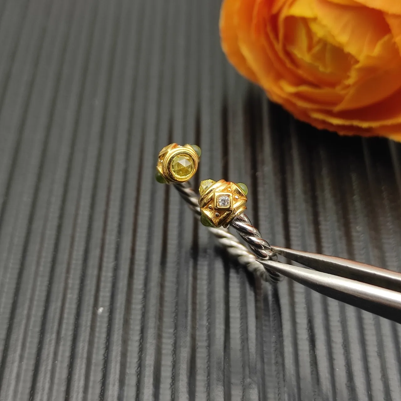 Twisted Rope Band Dual Gem Terminal Open Ring 5