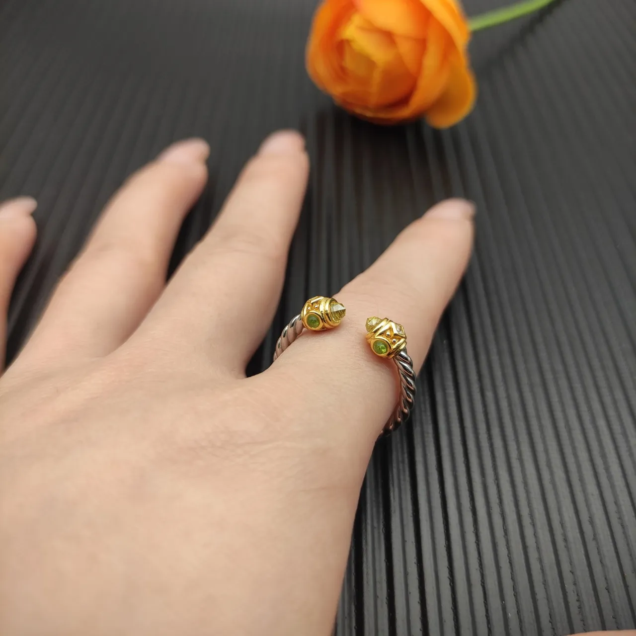 Twisted Rope Band Dual Gem Terminal Open Ring 7
