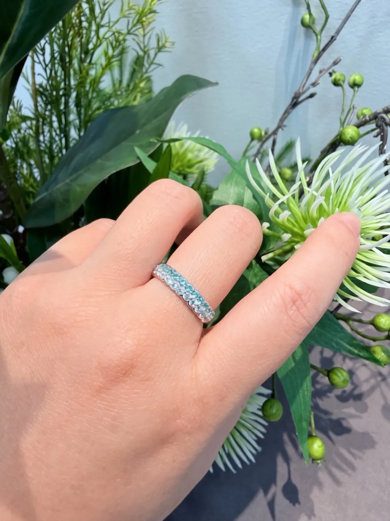 Two-Row Alternating Teal and Clear Gemstone Eternity Ring 3
