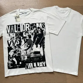 تيشيرت Vale أبيض أسود بطباعة جرافيك تايبوغرافي متهالكة