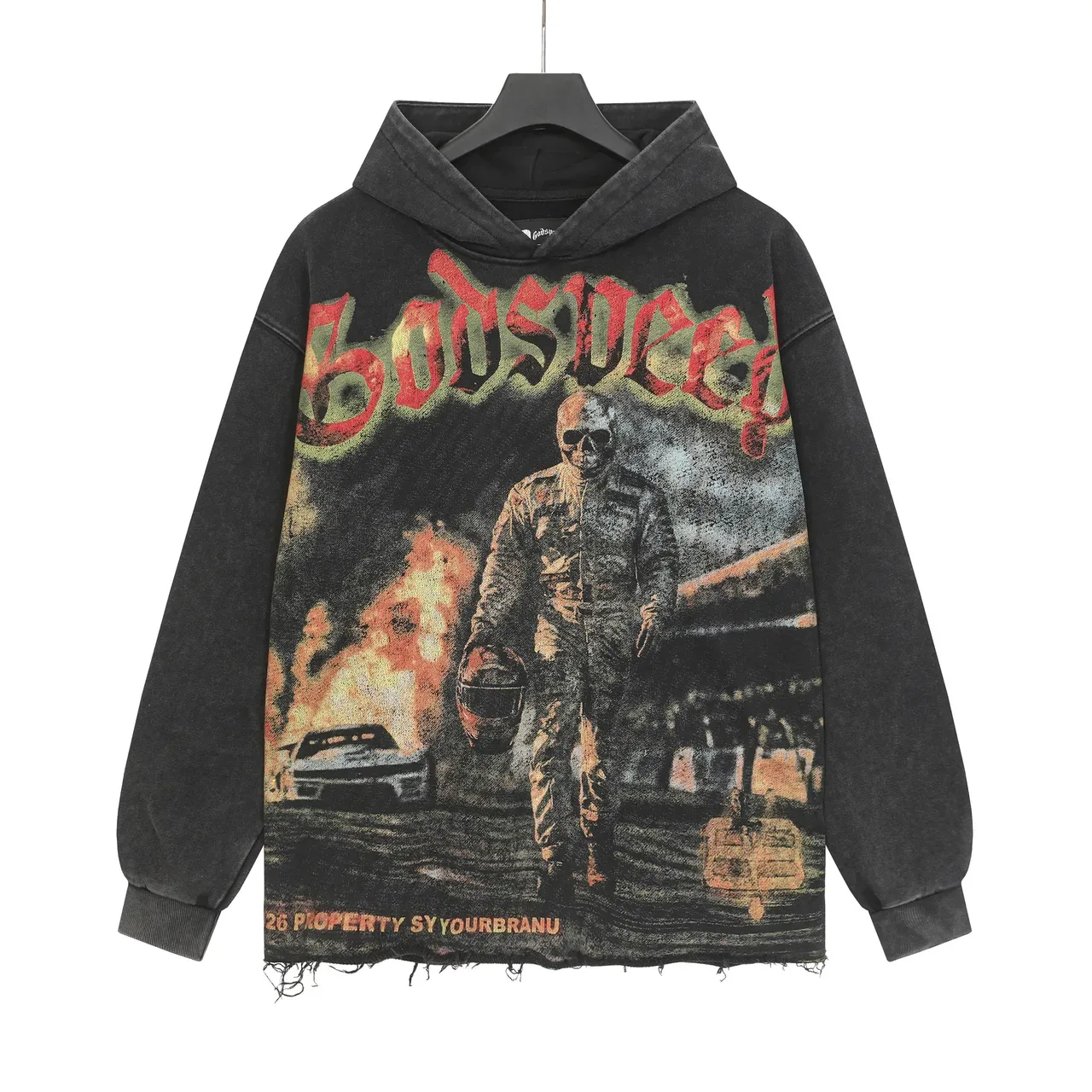 Hoodie Oversized Noir Lavé avec Impression Graphique Distressed 2