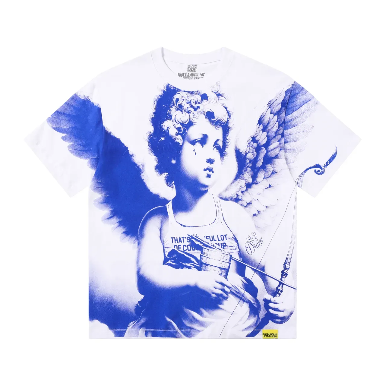 White and Blue Graphic Angel Motif T-Shirt 2