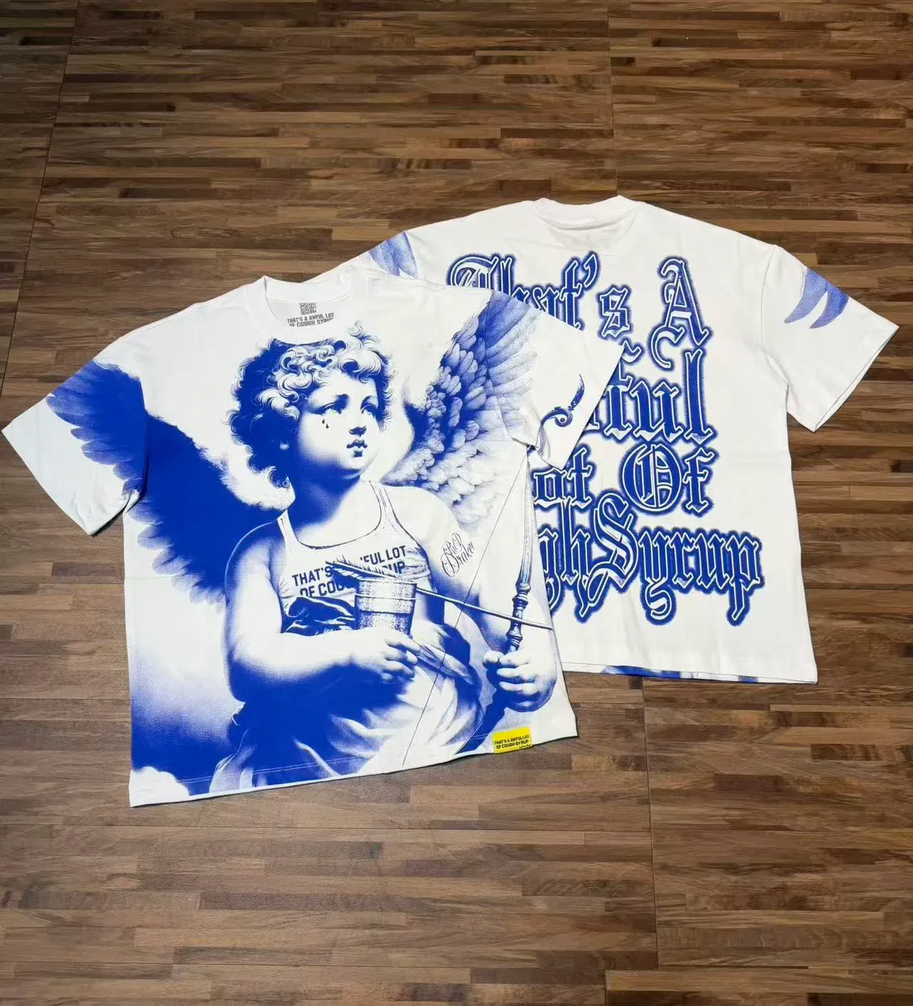 White and Blue Graphic Angel Motif T-Shirt 6
